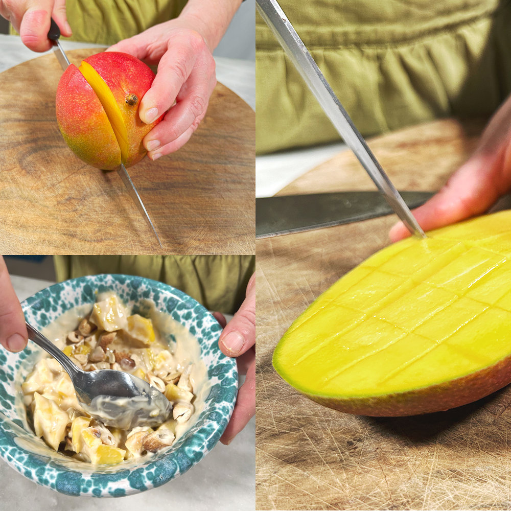 La preparazione del dolce con mango, anacardi e yogurt